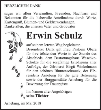 Traueranzeige von Erwin Schulz  von Magdeburger Volksstimme