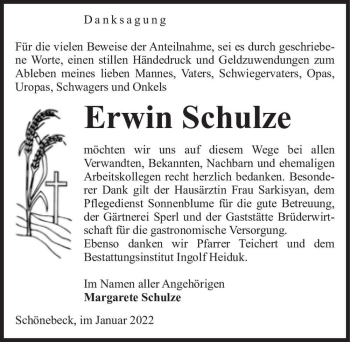 Traueranzeige von Erwin Schulze  von Magdeburger Volksstimme
