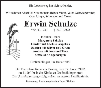 Traueranzeige von Erwin Schulze  von Magdeburger Volksstimme