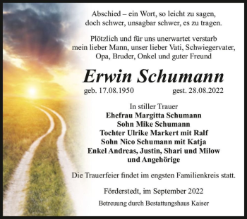 Traueranzeige von Erwin Schumann  von Magdeburger Volksstimme