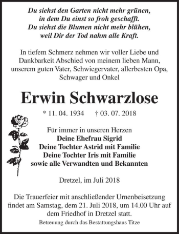 Traueranzeige von Erwin Schwarzlose  von Magdeburger Volksstimme