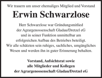 Traueranzeige von Erwin Schwarzlose  von Magdeburger Volksstimme