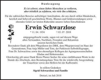 Traueranzeige von Erwin Schwarzlose  von Magdeburger Volksstimme
