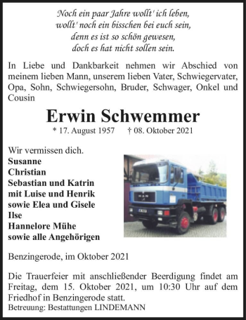 Traueranzeige von Erwin Schwemmer  von Magdeburger Volksstimme