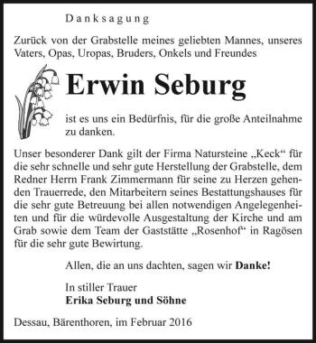 Traueranzeige von Erwin Seburg  von Magdeburger Volksstimme