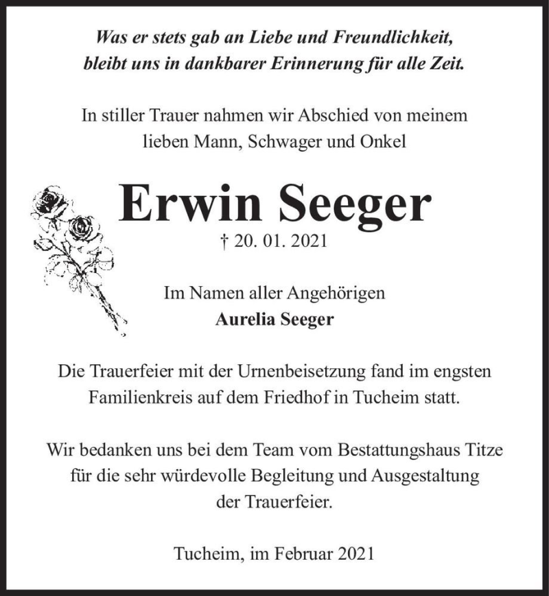  Traueranzeige für Erwin Seeger  vom 20.02.2021 aus Magdeburger Volksstimme