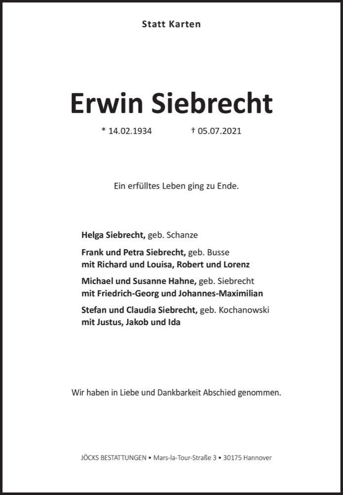  Traueranzeige für Erwin Siebrecht  vom 17.07.2021 aus Magdeburger Volksstimme
