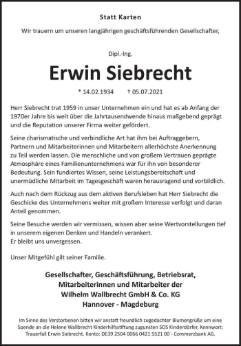 Traueranzeige von Erwin Siebrecht  von Magdeburger Volksstimme