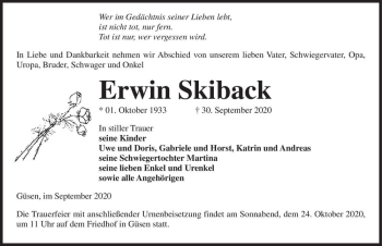 Traueranzeige von Erwin Skiback  von Magdeburger Volksstimme