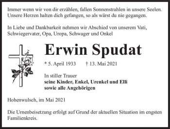 Traueranzeige von Erwin Spudat  von Magdeburger Volksstimme