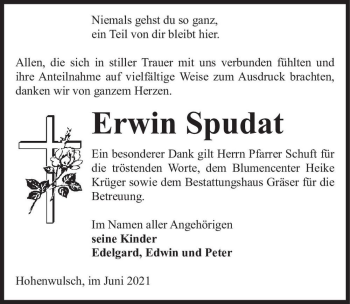 Traueranzeige von Erwin Spudat  von Magdeburger Volksstimme