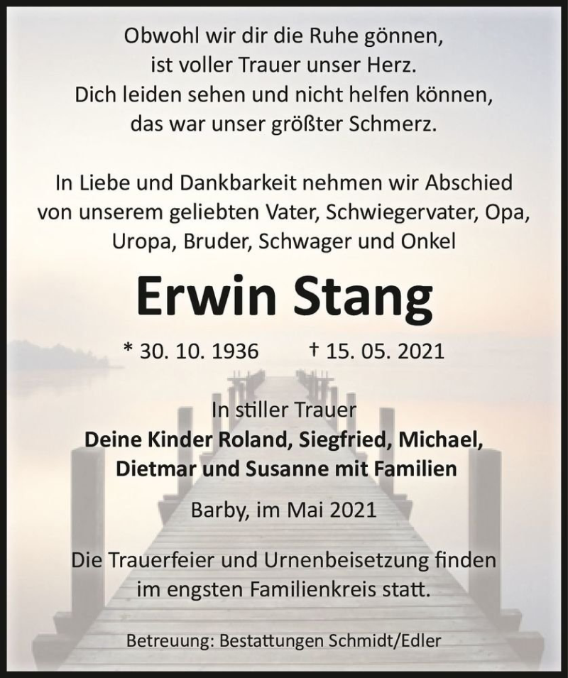 Traueranzeige für Erwin Stang  vom 22.05.2021 aus Magdeburger Volksstimme