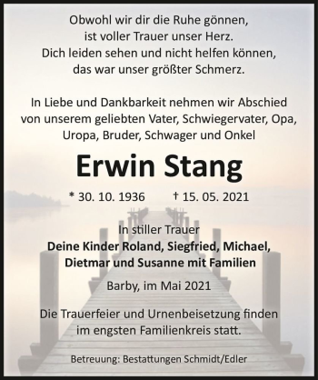 Traueranzeige von Erwin Stang  von Magdeburger Volksstimme