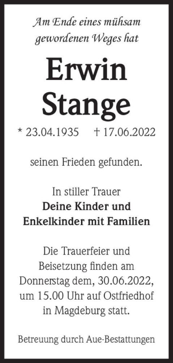 Traueranzeige von Erwin Stange  von Magdeburger Volksstimme