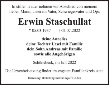 Traueranzeige von Erwin Staschullat  von Magdeburger Volksstimme