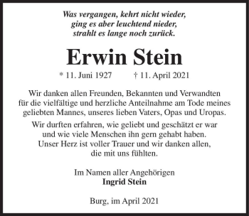 Traueranzeige von Erwin Stein  von Magdeburger Volksstimme