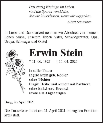Traueranzeige von Erwin Stein  von Magdeburger Volksstimme