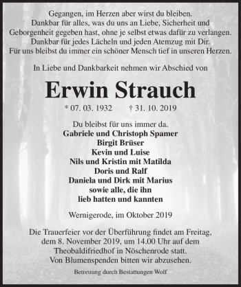 Traueranzeige von Erwin Strauch  von Magdeburger Volksstimme