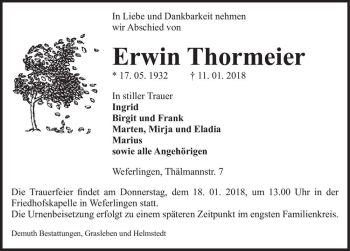 Traueranzeige von Erwin Thormeier  von Magdeburger Volksstimme