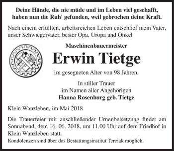 Traueranzeige von Erwin Tietge  von Magdeburger Volksstimme