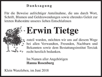 Traueranzeige von Erwin Tietge  von Magdeburger Volksstimme