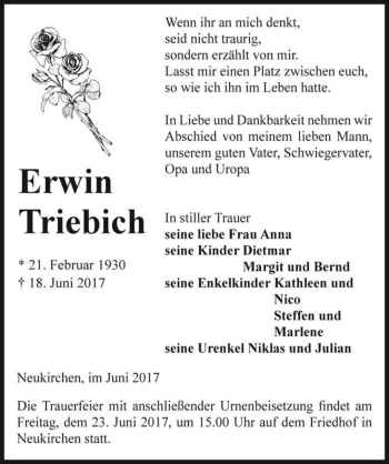 Traueranzeige von Erwin Triebich  von Magdeburger Volksstimme