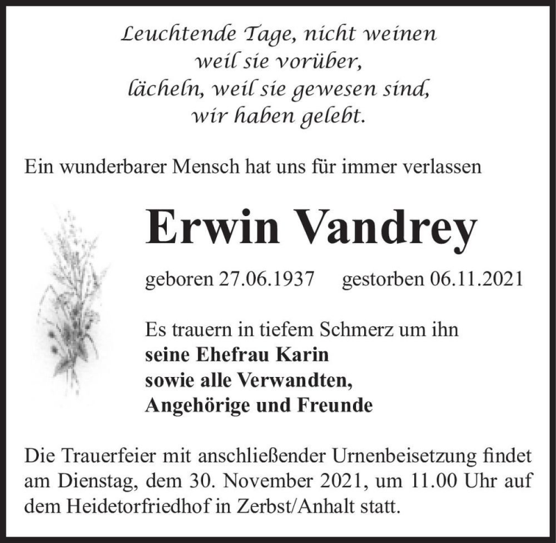  Traueranzeige für Erwin Vandrey  vom 13.11.2021 aus Magdeburger Volksstimme