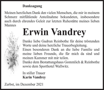 Traueranzeige von Erwin Vandrey  von Magdeburger Volksstimme