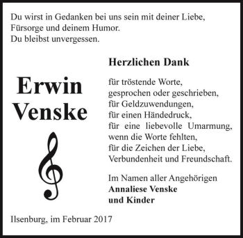 Traueranzeige von Erwin Venske  von Magdeburger Volksstimme