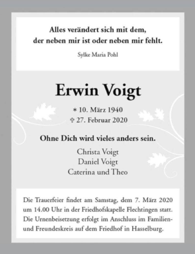  Traueranzeige für Erwin Voigt  vom 04.03.2020 aus Magdeburger Volksstimme