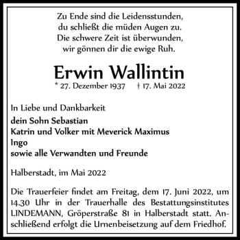 Traueranzeige von Erwin Wallintin  von Magdeburger Volksstimme