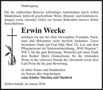 Traueranzeige von Erwin Wecke  von Magdeburger Volksstimme