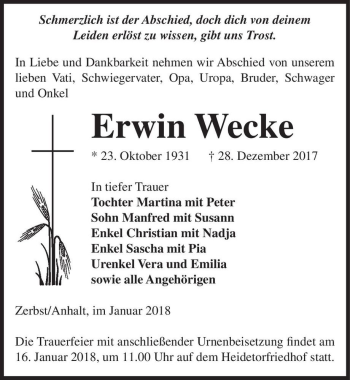 Traueranzeige von Erwin Wecke  von Magdeburger Volksstimme