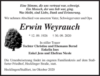 Traueranzeige von Erwin Weyrauch  von Magdeburger Volksstimme