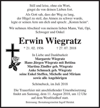 Traueranzeige von Erwin Wiegratz  von Magdeburger Volksstimme