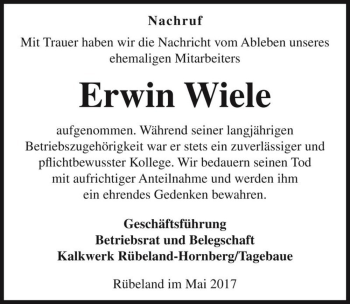 Traueranzeige von Erwin Wiele  von Magdeburger Volksstimme