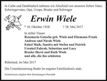 Traueranzeige von Erwin Wiele  von Magdeburger Volksstimme
