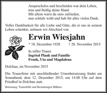 Traueranzeige von Erwin Wiesjahn  von Magdeburger Volksstimme