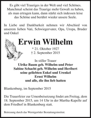 Traueranzeige von Erwin Wilhelm  von Magdeburger Volksstimme