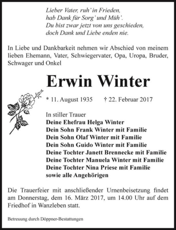 Traueranzeige von Erwin Winter  von Magdeburger Volksstimme