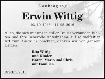 Traueranzeige von Erwin Wittig  von Magdeburger Volksstimme