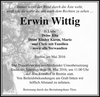 Traueranzeige von Erwin Wittig  von Magdeburger Volksstimme