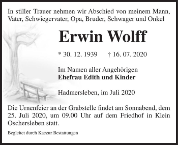 Traueranzeige von Erwin Wolff  von Magdeburger Volksstimme