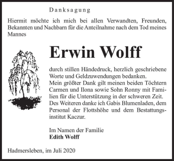 Traueranzeige von Erwin Wolff  von Magdeburger Volksstimme