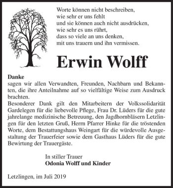 Traueranzeige von Erwin Wolff  von Magdeburger Volksstimme