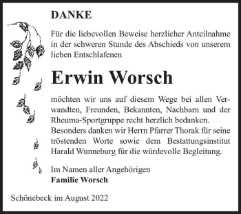 Traueranzeige von Erwin Worsch  von Magdeburger Volksstimme