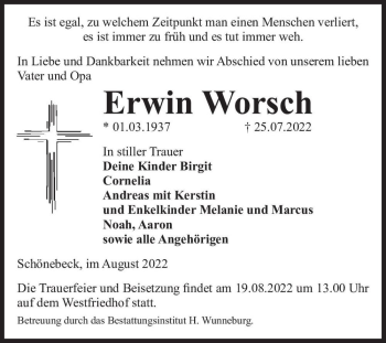 Traueranzeige von Erwin Worsch  von Magdeburger Volksstimme