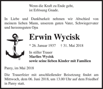 Traueranzeige von Erwin Wycisk  von Magdeburger Volksstimme