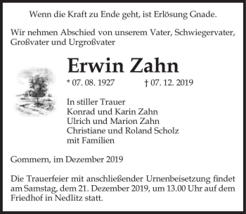 Traueranzeige von Erwin Zahn  von Magdeburger Volksstimme