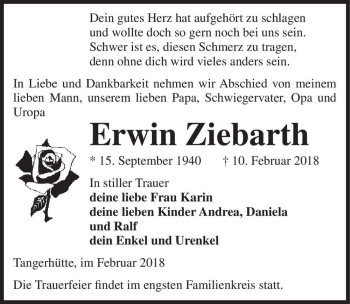 Traueranzeige von Erwin Ziebarth  von Magdeburger Volksstimme